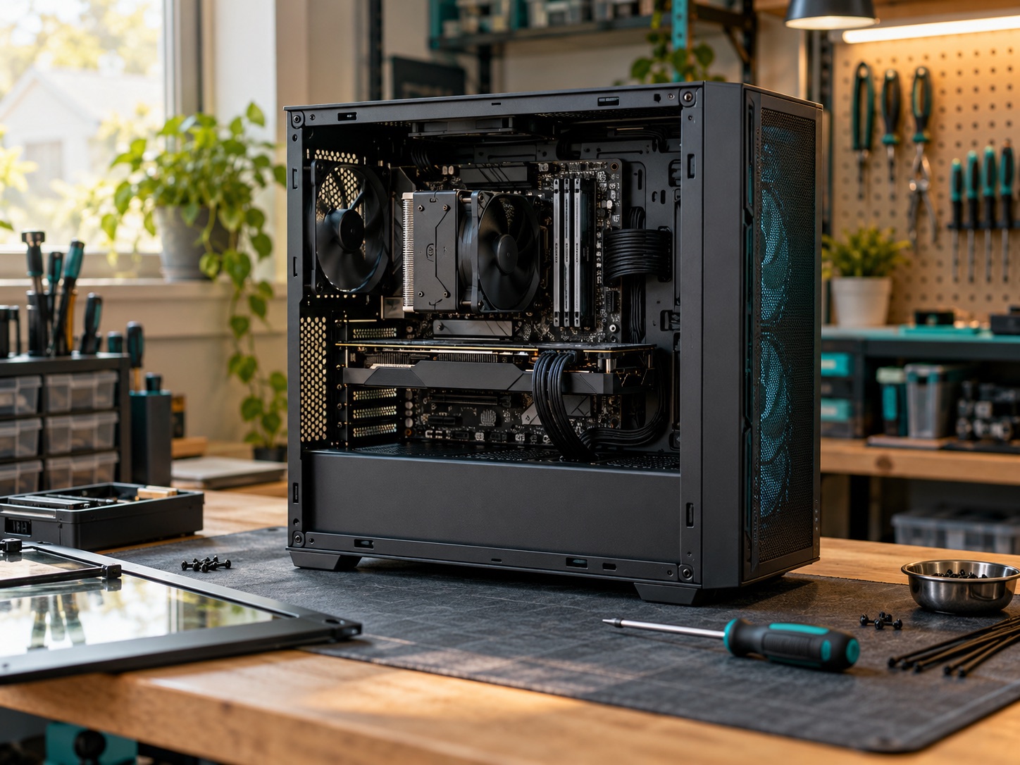 Custom desktop computer assembly with internal components visible